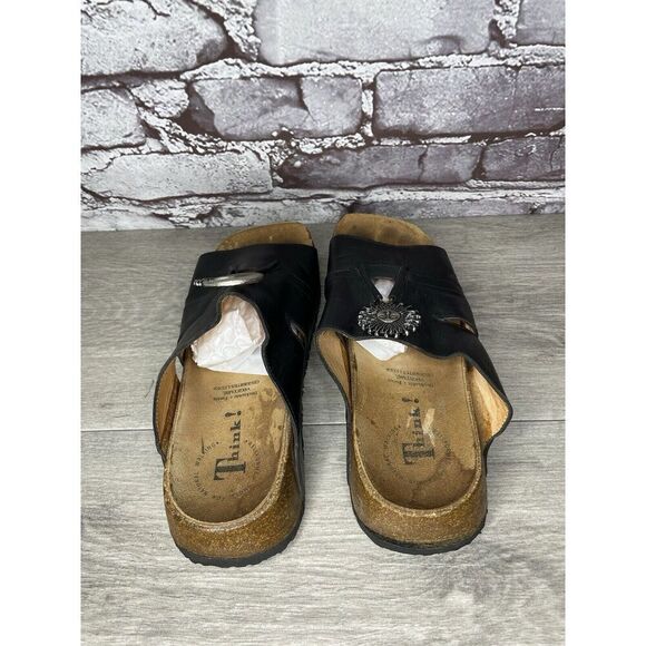 Think! Black Leather Cork Sun Moon Silver Wedge Sandals Women Sz 37EU/6.5M US - Picture 7 of 16